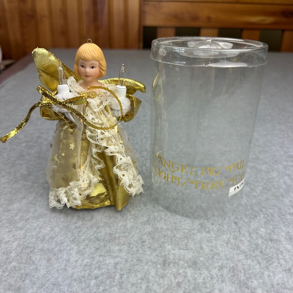 Trim A Home Vtg Angel Pigtail Light Tree Topper Gold Lace Porcelain‎ 048931-117